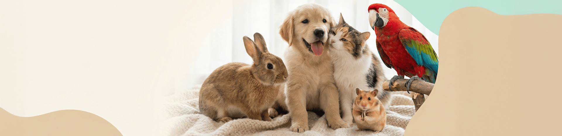 Happy pets — dog, cat, rabbit, hamster, and parrot together